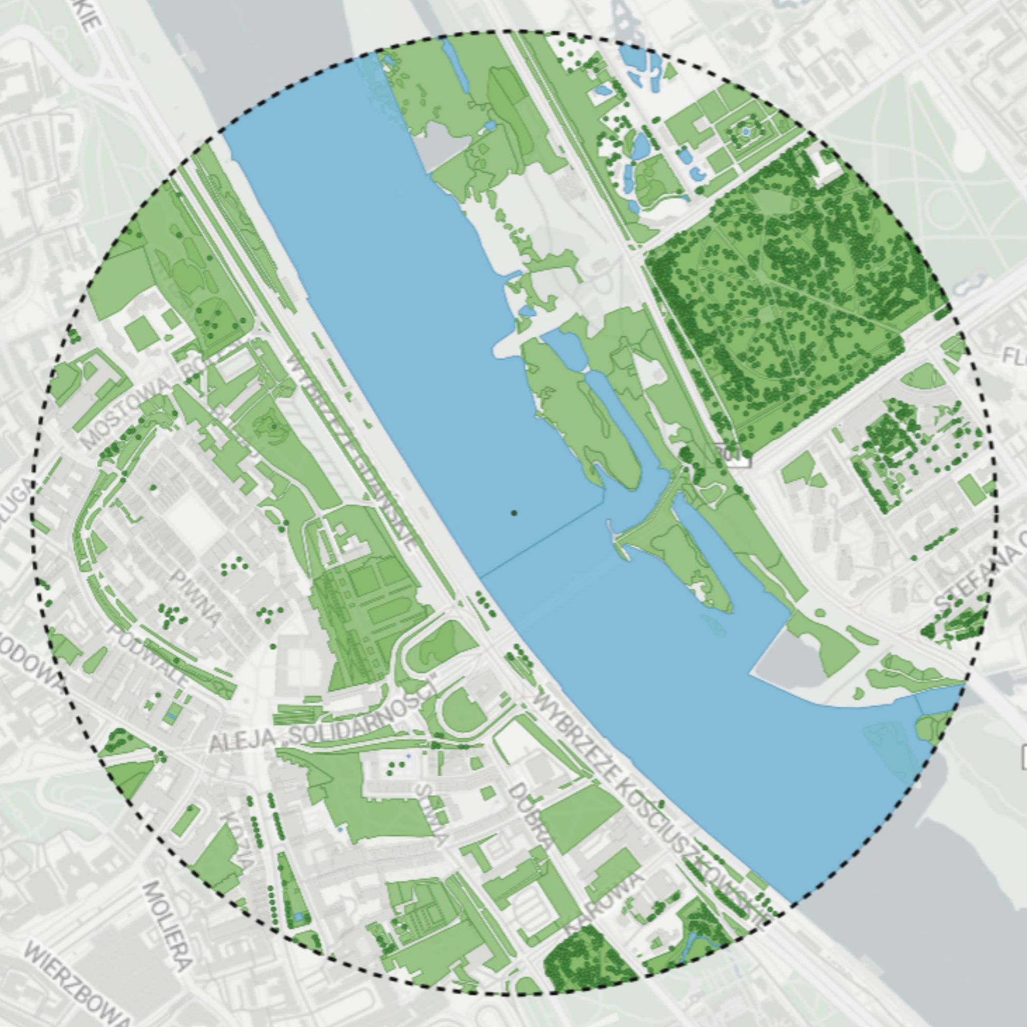 Site context diagram focused on parks, trees and water