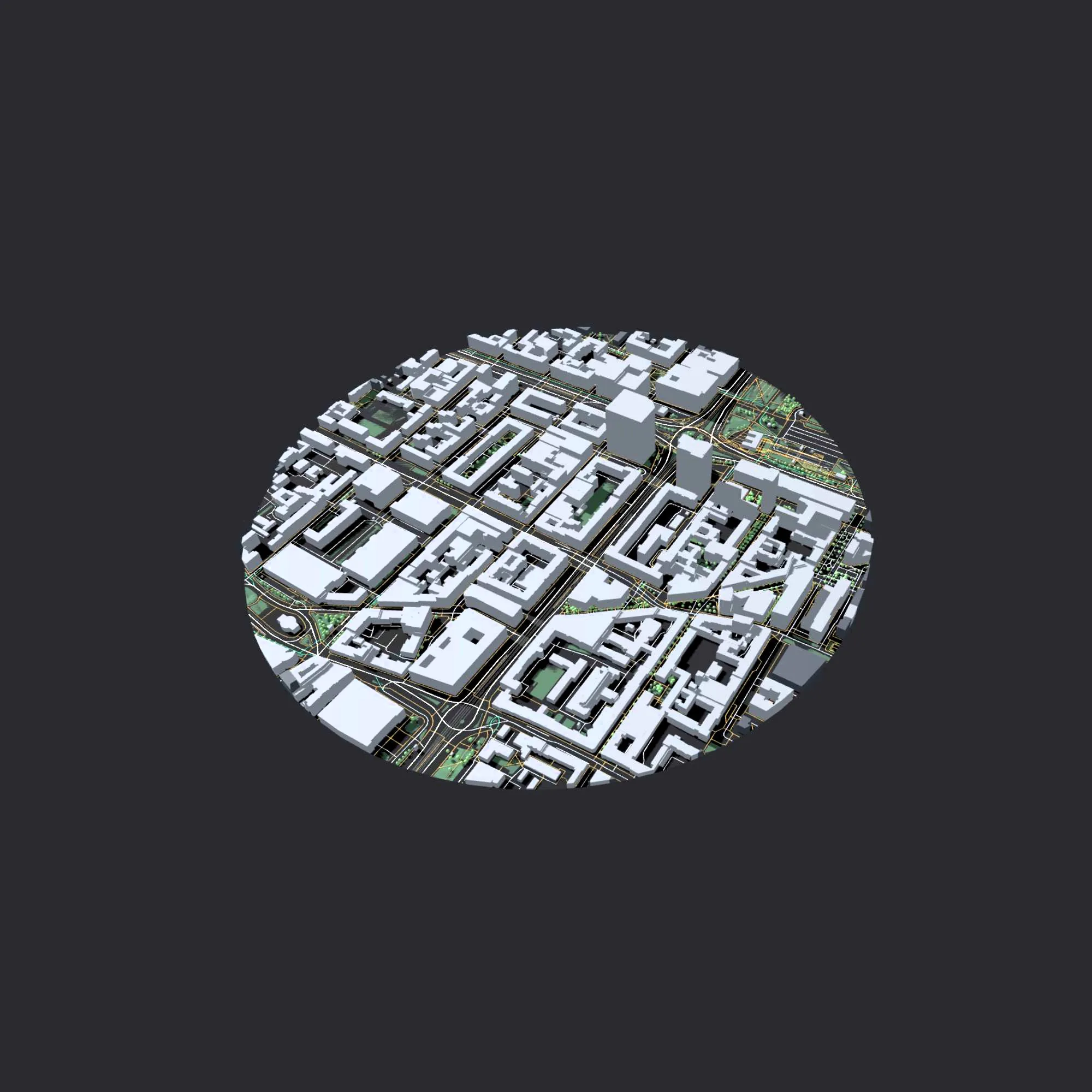 3D urban analysis model prepared for CAD export with layered building geometry and vector-ready context
