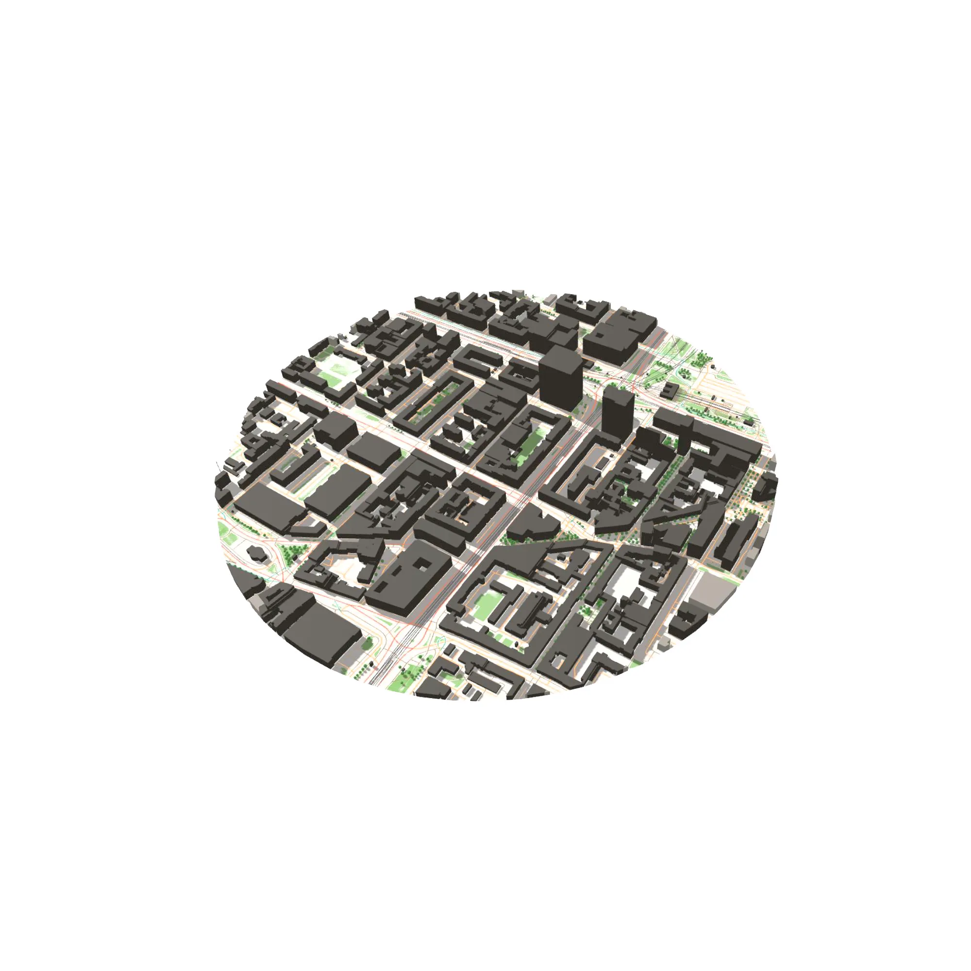 3D site context analysis for architects showing surrounding buildings, streets and urban layout