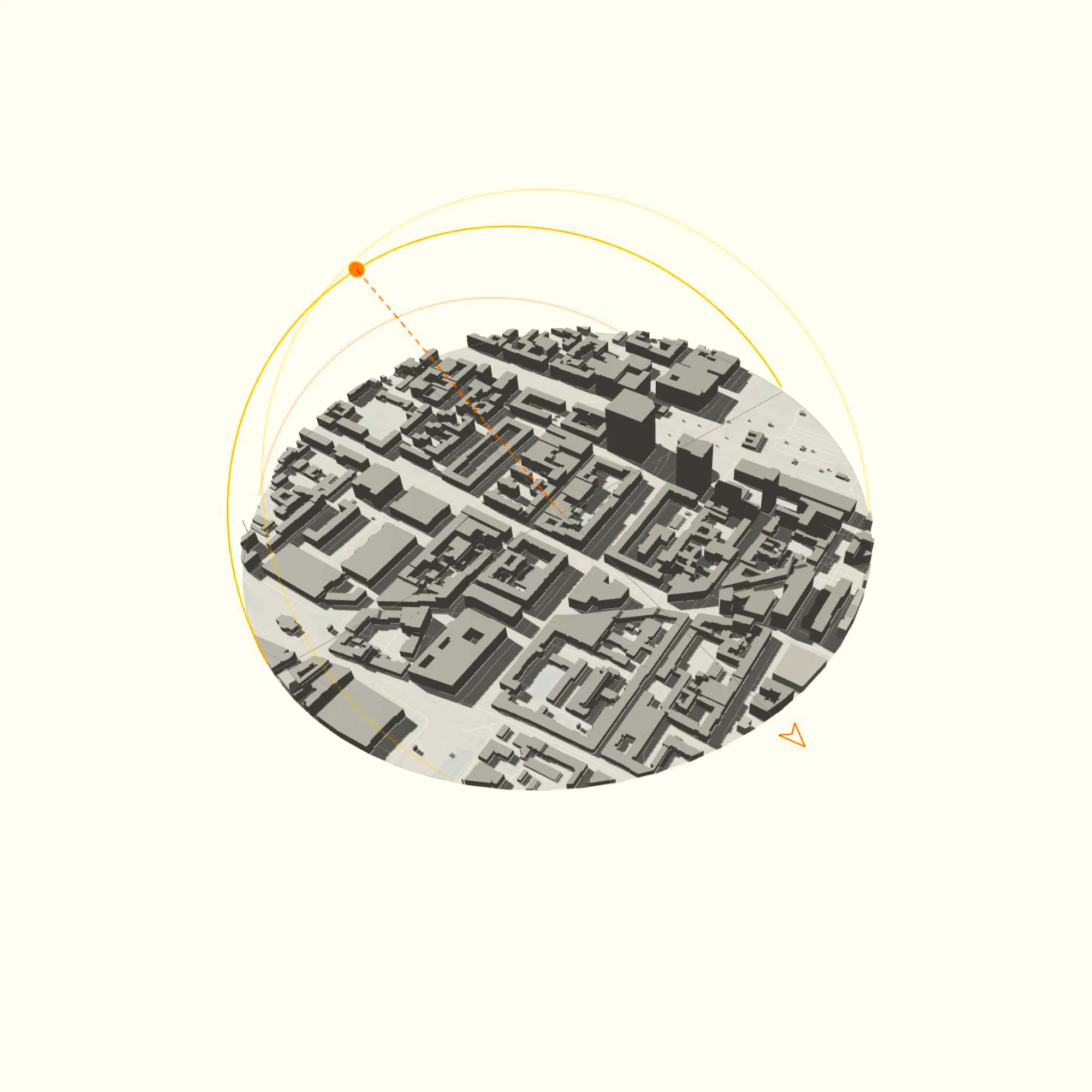 3D solar simulation for architecture site analysis showing sun angle and shadow study on an urban block